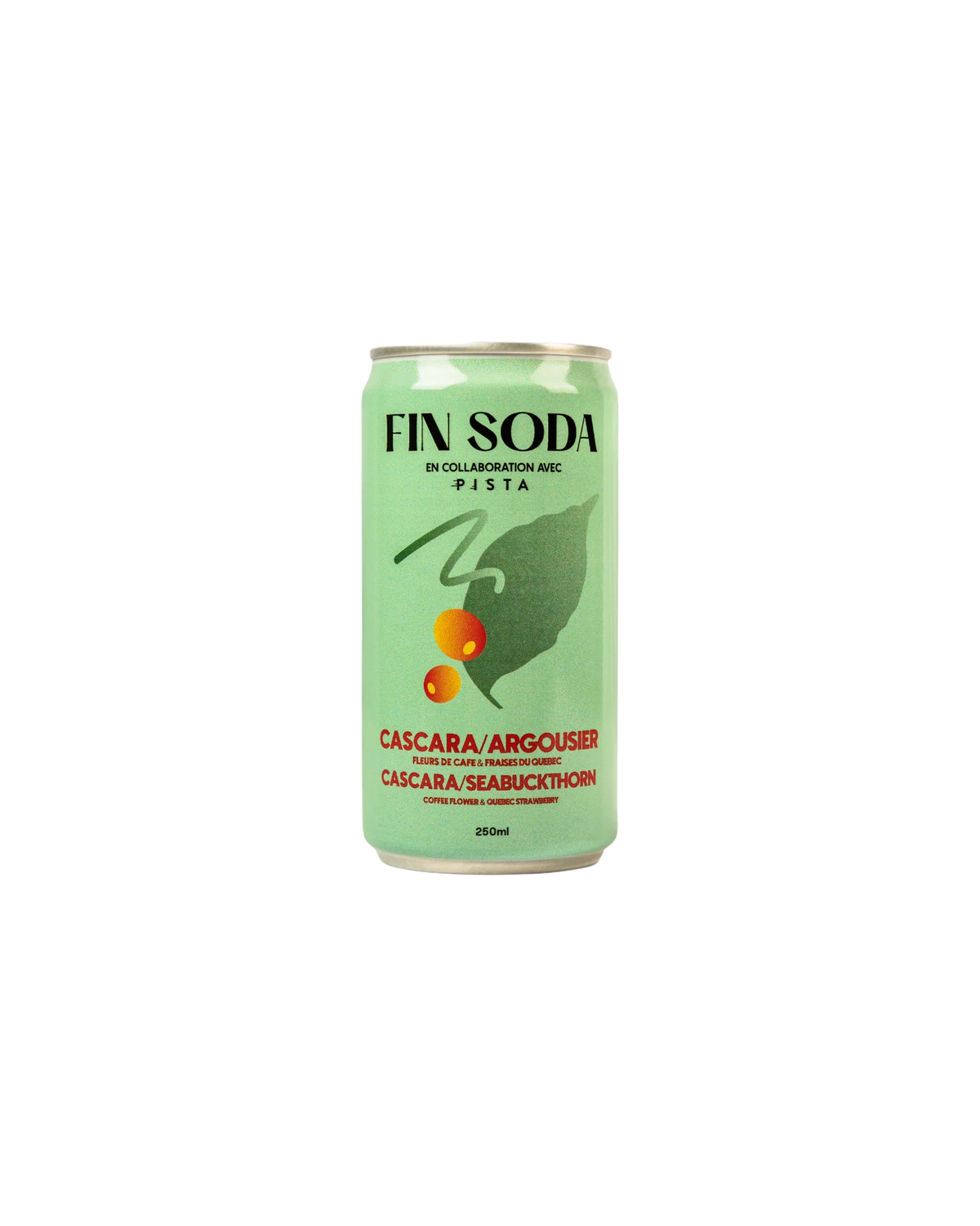 Une canette de l'entreprise Fin soda au cascara, argousier et fraises du Québec.
