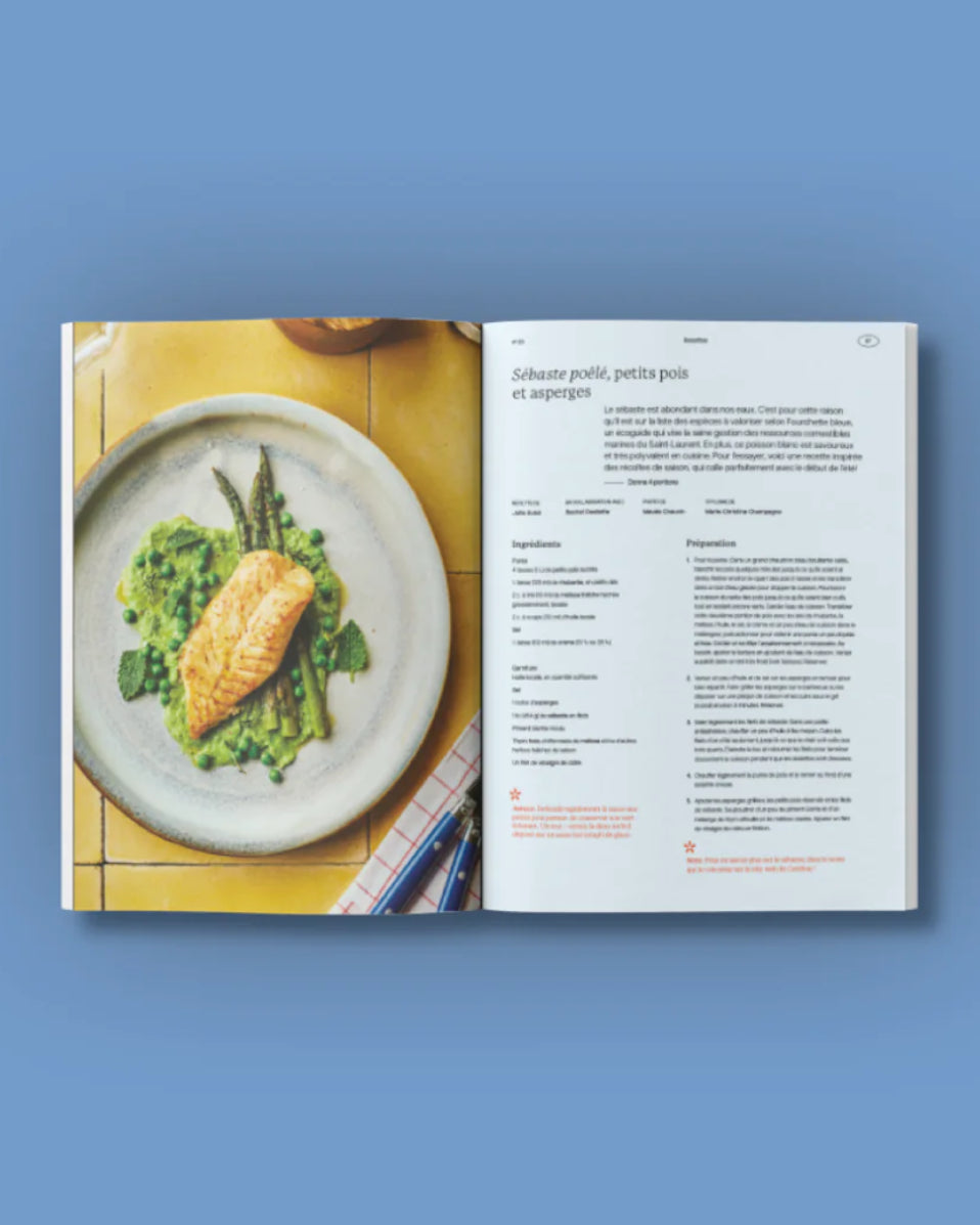 Une recette de sébaste poêlé, petits pois et asperges dans le magazine Extrêmes de Caribou.